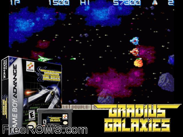 Gradius Galaxies Gameboy Advance game showing 3D box cover and gameplay screenshot