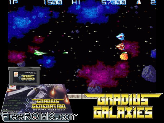 Gradius Generation (Japan) Gameboy Advance game showing 3D box cover and gameplay screenshot