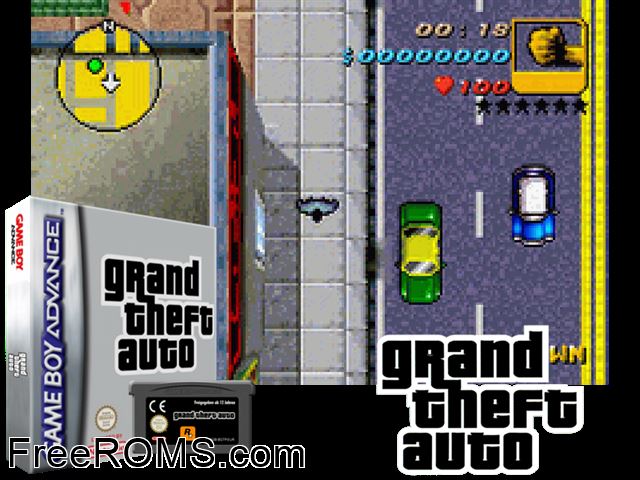 Grand Theft Auto Advance Gameboy Advance game showing 3D box cover and gameplay screenshot