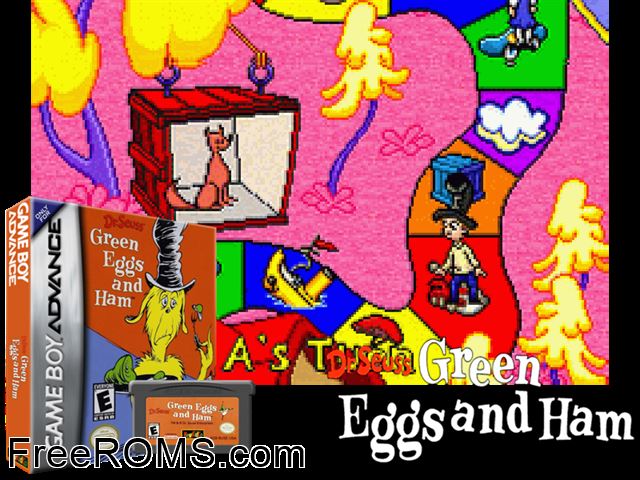 Green Eggs And Ham By Dr. Seuss Gameboy Advance game showing 3D box cover and gameplay screenshot