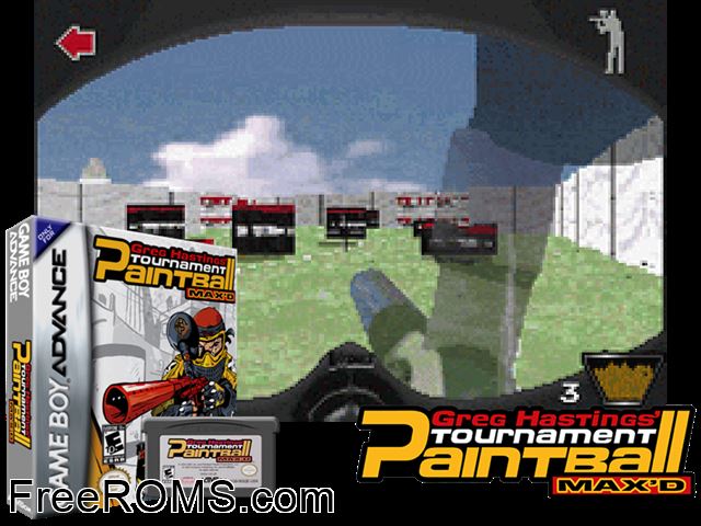 Greg Hastings' Tournament Paintball Maxd Gameboy Advance game showing 3D box cover and gameplay screenshot