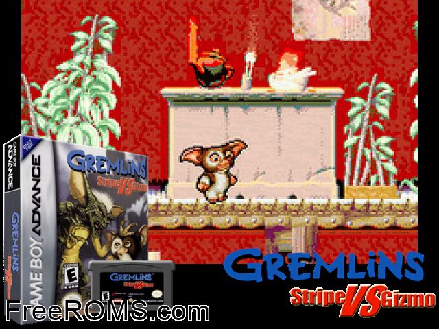 Gremlins - Stripe Vs Gizmo Gameboy Advance game showing 3D box cover and gameplay screenshot