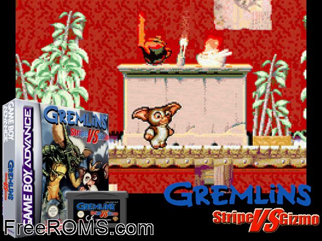 Gremlins - Stripe Vs Gizmo (V1.0) Gameboy Advance game showing 3D box cover and gameplay screenshot