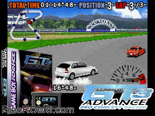 Gt Advance 3 - Pro Concept Racing Gameboy Advance game showing 3D box cover and gameplay screenshot