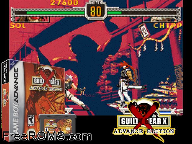 Guilty Gear X - Advance Edition Gameboy Advance game showing 3D box cover and gameplay screenshot