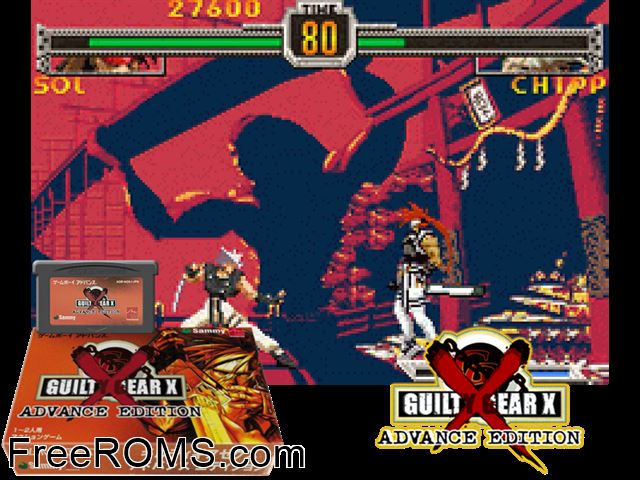 Guilty Gear X - Advance Edition (Japan) Gameboy Advance game showing 3D box cover and gameplay screenshot