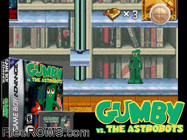 Gumby Vs. The Astrobots Gameboy Advance game showing 3D box cover and gameplay screenshot