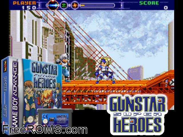 Gunstar Future Heroes Gameboy Advance game showing 3D box cover and gameplay screenshot