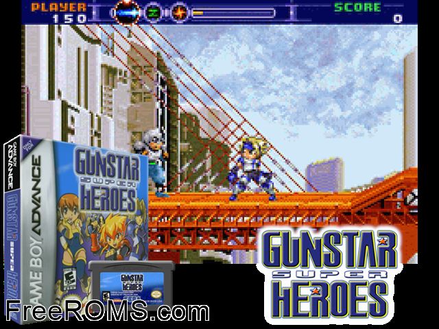 Gunstar Super Heroes Gameboy Advance game showing 3D box cover and gameplay screenshot