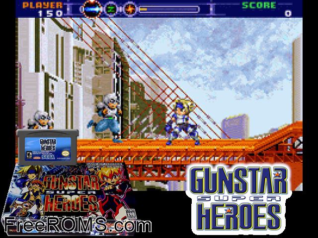 Gunstar Super Heroes (Japan) Gameboy Advance game showing 3D box cover and gameplay screenshot