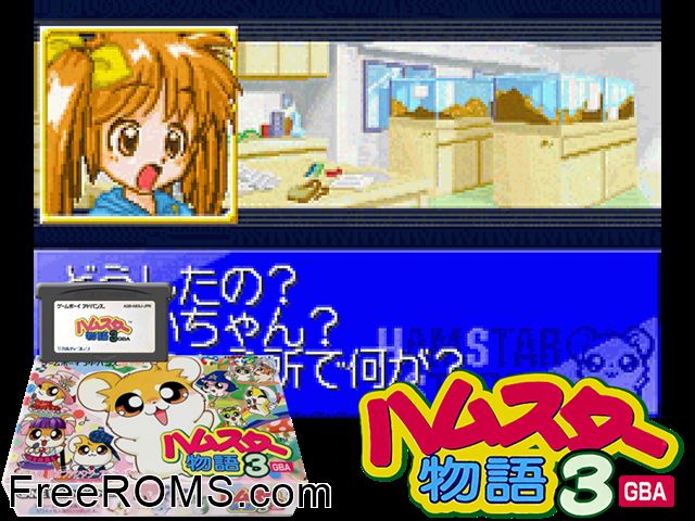 Hamster Monogatari 3 GBA (Japan) Gameboy Advance game showing 3D box cover and gameplay screenshot