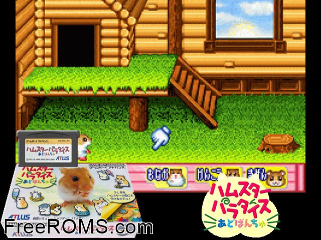 Hamster Paradise Advanchu (Japan) Gameboy Advance game showing 3D box cover and gameplay screenshot