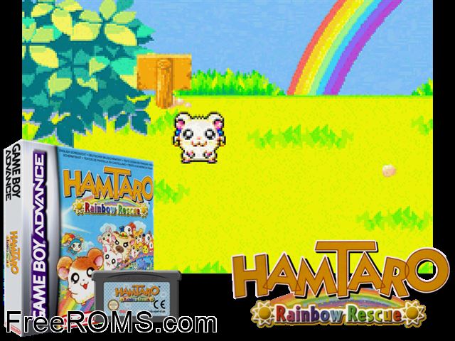 Hamtaro Rainbow Rescue Gameboy Advance game showing 3D box cover and gameplay screenshot