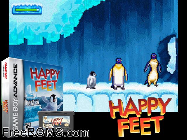 Happy Feet Gameboy Advance game showing 3D box cover and gameplay screenshot