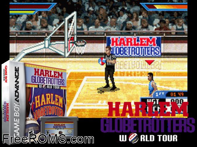 Harlem Globetrotters - World Tour Gameboy Advance game showing 3D box cover and gameplay screenshot
