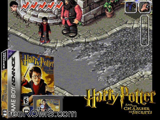 Harry Potter And The Chamber Of Secrets Gameboy Advance game showing 3D box cover and gameplay screenshot