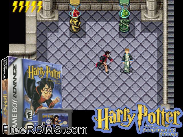 Harry Potter And The Sorcerer's Stone Gameboy Advance game showing 3D box cover and gameplay screenshot