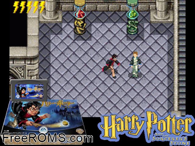 Harry Potter To Kenja No Ishi (Japan) Gameboy Advance game showing 3D box cover and gameplay screenshot