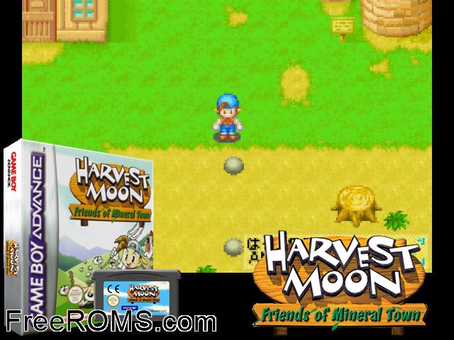 Harvest Moon - Friends Of Mineral Town Gameboy Advance game showing 3D box cover and gameplay screenshot