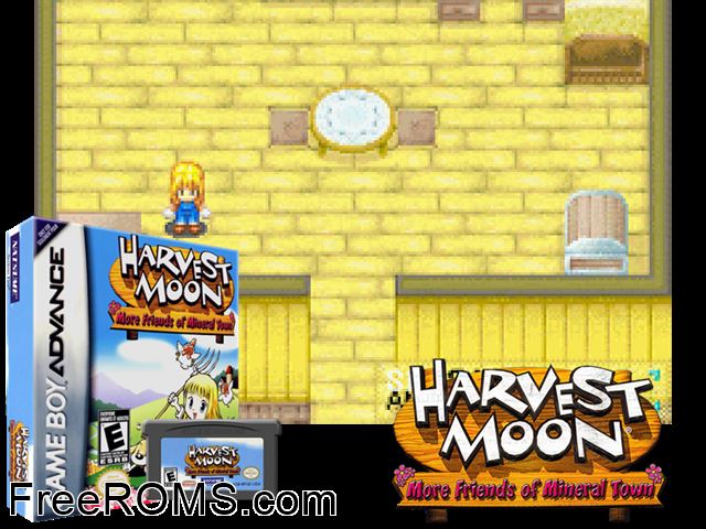 Harvest Moon - More Friends Of Mineral Town Gameboy Advance game showing 3D box cover and gameplay screenshot