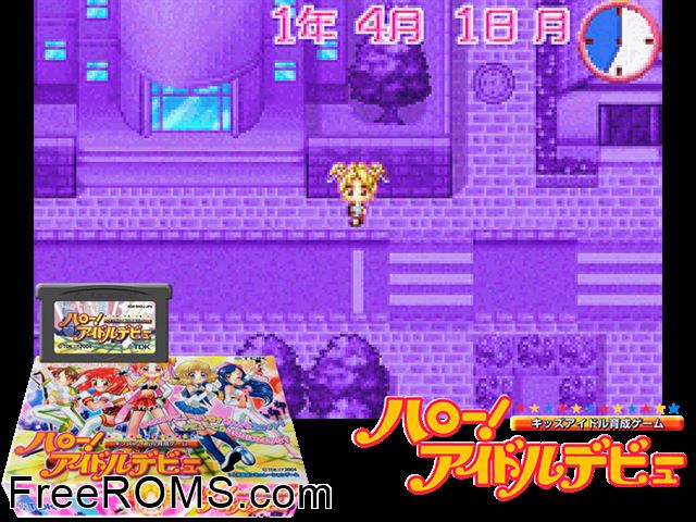 Hello! Idol Debut - Kids Idol Ikusei Game (Japan) Gameboy Advance game showing 3D box cover and gameplay screenshot
