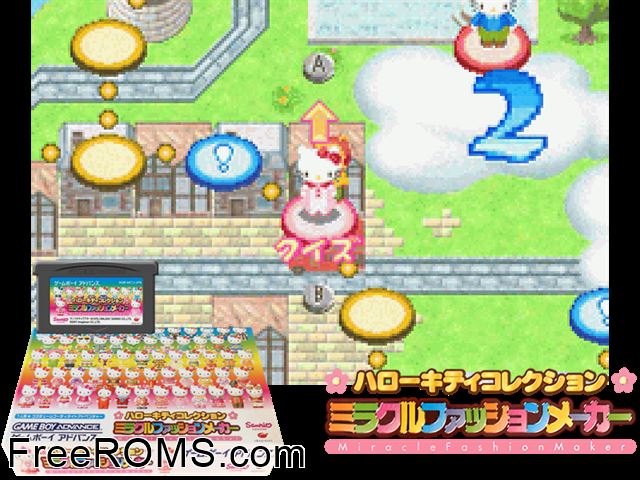 Hello Kitty Collection - Miracle Fashion Maker (Japan) Gameboy Advance game showing 3D box cover and gameplay screenshot