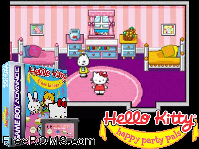 Hello Kitty - Happy Party Pals Gameboy Advance game showing 3D box cover and gameplay screenshot