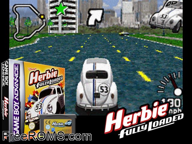 Herbie - Fully Loaded Gameboy Advance game showing 3D box cover and gameplay screenshot