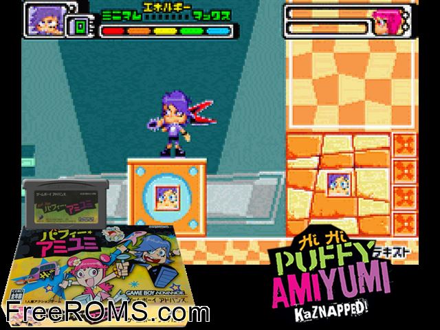 Hi Hi Puffy Amiyumi (Japan) Gameboy Advance game showing 3D box cover and gameplay screenshot