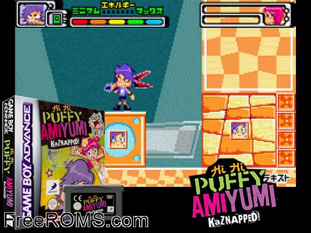 Hi Hi Puffy Amiyumi - Kaznapped! Gameboy Advance game showing 3D box cover and gameplay screenshot