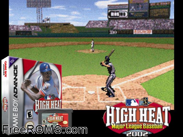 High Heat Major League Baseball 2002 Gameboy Advance game showing 3D box cover and gameplay screenshot