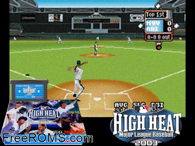 High Heat Major League Baseball 2003 (Japan) Gameboy Advance game showing 3D box cover and gameplay screenshot