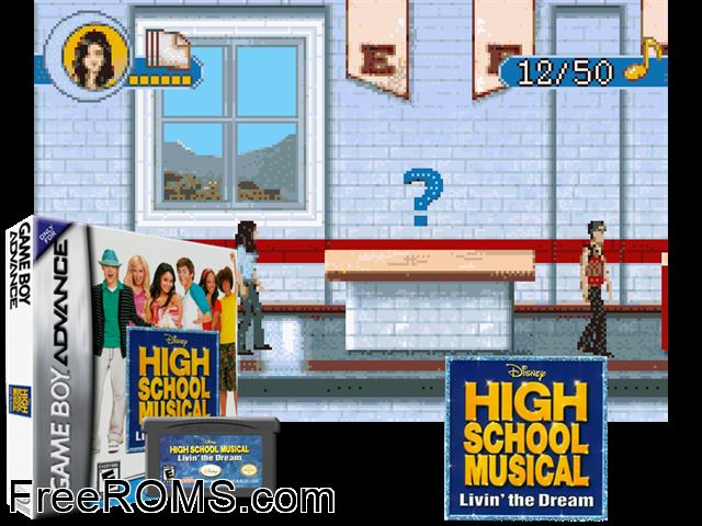 High School Musical - Livin' The Dream Gameboy Advance game showing 3D box cover and gameplay screenshot