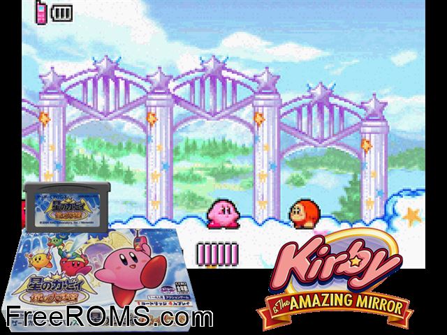 Hoshi No Kirby Kagami No Daimeikyuu (Japan) (V1.1) Gameboy Advance game showing 3D box cover and gameplay screenshot