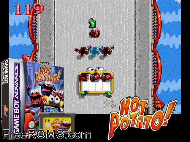 Hot Potato! Gameboy Advance game showing 3D box cover and gameplay screenshot