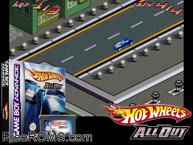 Hot Wheels - All Out Gameboy Advance game showing 3D box cover and gameplay screenshot