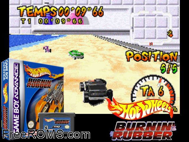 Hot Wheels - Burnin' Rubber Gameboy Advance game showing 3D box cover and gameplay screenshot