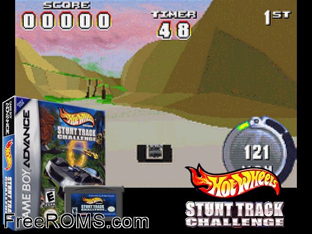 Hot Wheels - Stunt Track Challenge Gameboy Advance game showing 3D box cover and gameplay screenshot