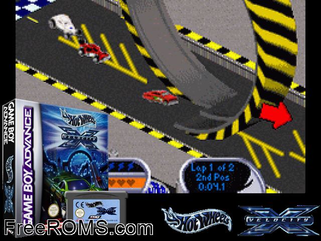 Hot Wheels - Velocity X Gameboy Advance game showing 3D box cover and gameplay screenshot
