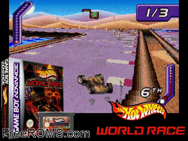Hot Wheels - World Race Gameboy Advance game showing 3D box cover and gameplay screenshot