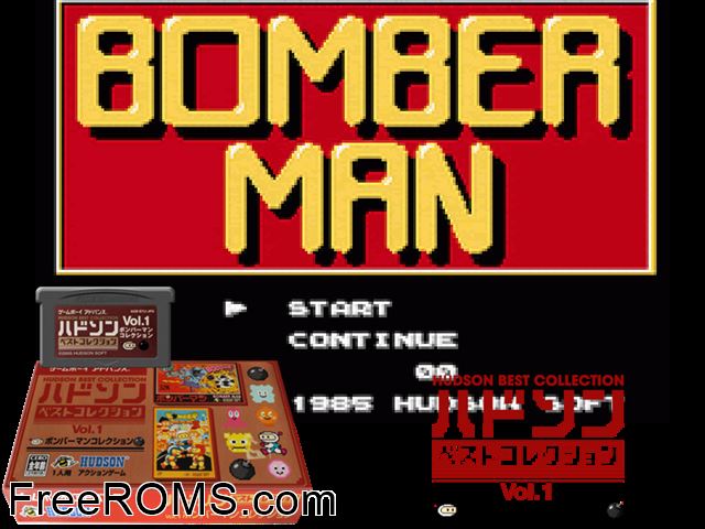 Hudson Best Collection Vol. 1 - Bomberman Collection (Japan) Gameboy Advance game showing 3D box cover and gameplay screenshot