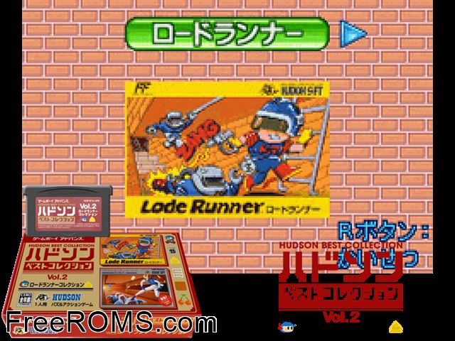 Hudson Best Collection Vol. 2 - Lode Runner Collection (Japan) Gameboy Advance game showing 3D box cover and gameplay screenshot