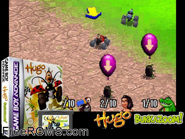 Hugo - Bukkazoom! Gameboy Advance game showing 3D box cover and gameplay screenshot
