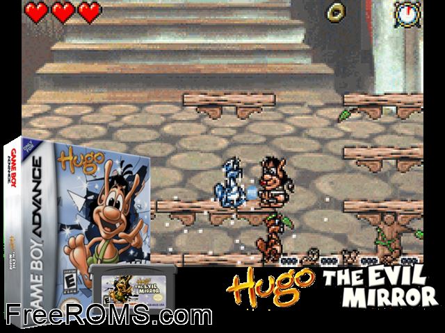 Hugo - The Evil Mirror Advance Gameboy Advance game showing 3D box cover and gameplay screenshot