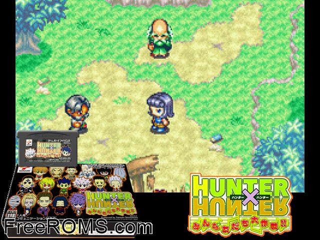Hunter X Hunter - Minna Tomodachi Daisakusen!! (Japan) Gameboy Advance game showing 3D box cover and gameplay screenshot