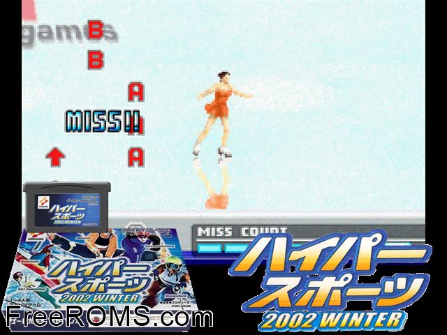 Hyper Sports 2002 Winter (Japan) Gameboy Advance game showing 3D box cover and gameplay screenshot