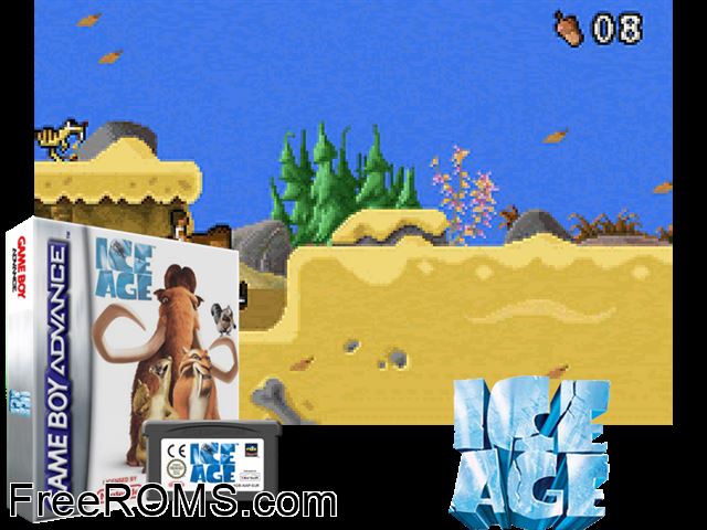 Ice Age Gameboy Advance game showing 3D box cover and gameplay screenshot
