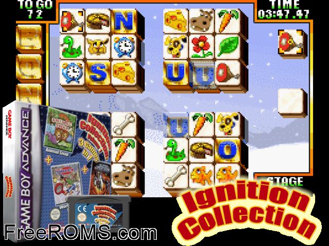 Ignition Collection Volume 1 - Animal Snap + Super Dropzone + World Tennis Stars Gameboy Advance game showing 3D box cover and gameplay screenshot