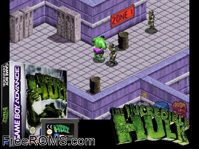 Incredible Hulk, The Gameboy Advance game showing 3D box cover and gameplay screenshot