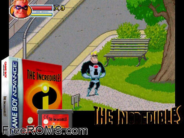 Incredibles, The Gameboy Advance game showing 3D box cover and gameplay screenshot